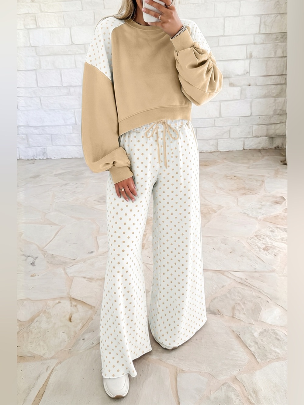 Polka Dot Patchwork Colorblock Long Sleeve Casual Two Piece Pants Set